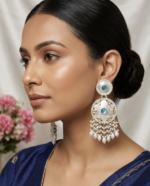 Mannat Vintage-Inspired Silver Chandbali Earrings with Sea-Blue Accents & Pearl Drops | C-402