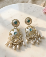 Mannat Vintage-Inspired Silver Chandbali Earrings with Sea-Blue Accents & Pearl Drops | C-402 - Image 2