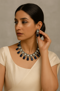 Neelam Royal Blue Glass Kundan Necklace in Antique Silver Polish For Wedding look | Indian traditional Jewellery | C -387 - Image 2