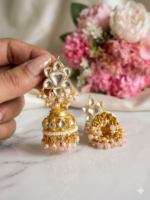 Dilan Royal Kundan Pearl Jhumka Earrings with Blush Bead Drops - Image 3