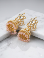 Dilan Royal Kundan Pearl Jhumka Earrings with Blush Bead Drops - Image 2