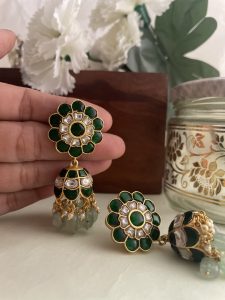 Emerald Green Pachi Kundan Jadau Jhumkas | Traditional Bridal Earrings
