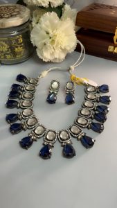 Neelam Royal Blue Glass Kundan Necklace in Antique Silver Polish For Wedding look | Indian traditional Jewellery | C -387