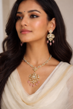 Pink Kundan Pendant Necklace Set with Matching Earrings | Antique Gold Traditional Jewellery | C-361