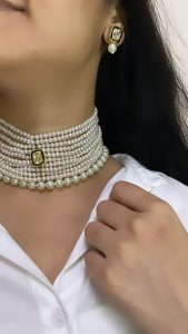 Handcrafted Pearl Choker Necklace Set for Women | Kundan Pearl Choker | Gold Plated Bridal & Wedding Jewellery | C- 354 - Image 2