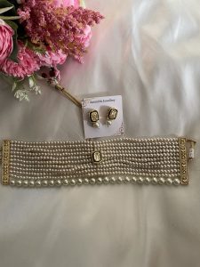 Handcrafted Pearl Choker Necklace Set for Women | Kundan Pearl Choker | Gold Plated Bridal & Wedding Jewellery | C- 354 - Image 6