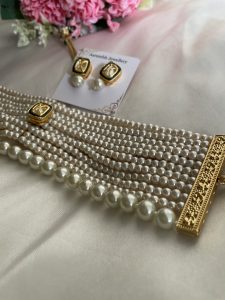 Handcrafted Pearl Choker Necklace Set for Women | Kundan Pearl Choker | Gold Plated Bridal & Wedding Jewellery | C- 354 - Image 5