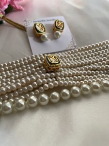 Handcrafted Pearl Choker Necklace Set for Women | Kundan Pearl Choker | Gold Plated Bridal & Wedding Jewellery | C- 354 - Image 4