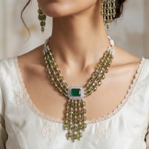 Olive Green Layered Necklace Set with Earrings | Bridal Kundan Pearl Jewellery | Premium Wedding Set