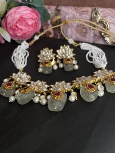 Pachi Kundan Gold Plated Necklace Set with Semi-Precious Stone Beads | Lotus Bridal Jewellery for Women | C -345 - Image 3