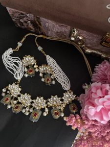Pachi Kundan Gold Plated Necklace Set with Semi-Precious Stone Beads | Lotus Bridal Jewellery for Women | C -345 - Image 4