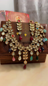 Multicolor Kundan Necklace Set | Gold Look Statement Jewellery with Earrings