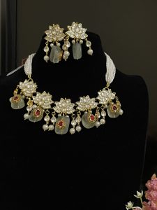 Pachi Kundan Gold Plated Necklace Set with Semi-Precious Stone Beads | Lotus Bridal Jewellery for Women | C -345 - Image 2