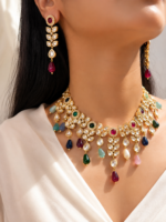 Multicolor Kundan Necklace Set | Gold Look Statement Jewellery with Earrings - Image 3