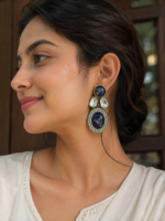 Antique Polish Kundan Statement Earrings | Royal Blue Ethnic Earrings for Women | C -342
