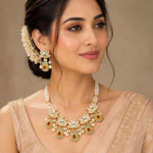 Pachi Kundan Gold Plated Necklace Set with Semi-Precious Stone Beads | Lotus Bridal Jewellery for Women | C -345