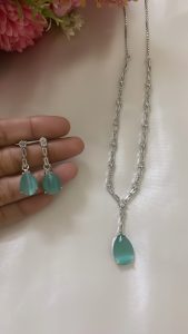 Mint Green Teardrop Crystal Necklace Set with Matching Earrings | Premium Silver Finish Jewellery C -332 - Image 2