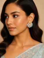 Luxury Mint Green Kundan Earrings | Designer Floral AD Studs for Wedding & Festive Wear C - 331