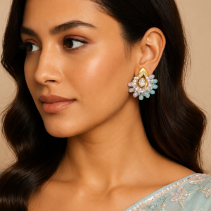 Luxury Mint Green Kundan Earrings | Designer Floral AD Studs for Wedding & Festive Wear C - 331
