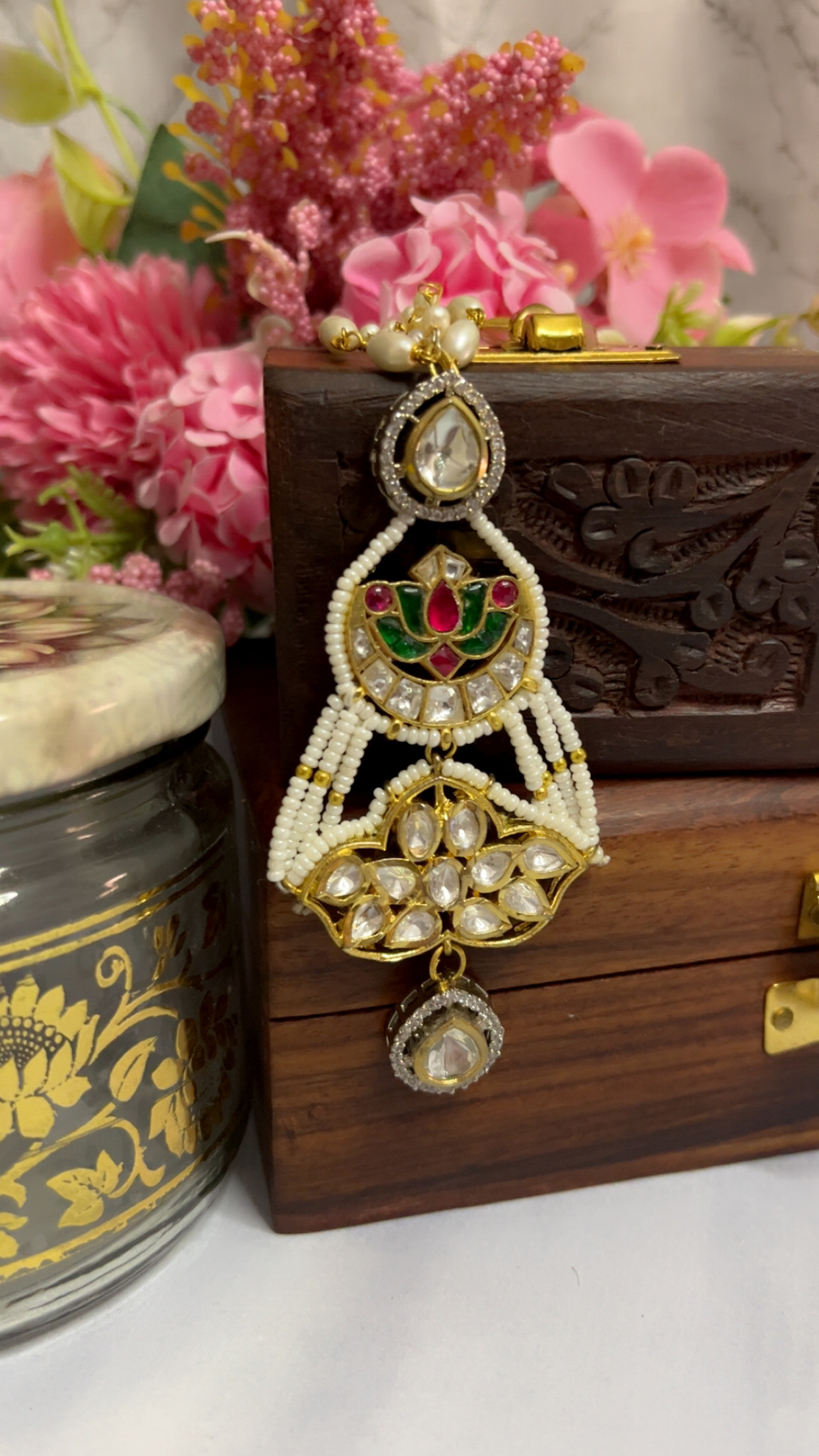 IMG_1961 Handmade Pachi Kundan Pendant with Pearl Chain | Red Green White Stone Gold Look Necklace C -318 - Image 1