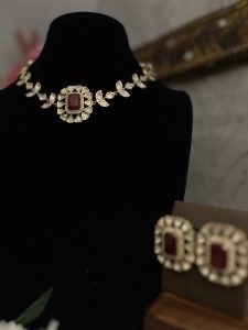 Bridal Maroon Kundan Choker Necklace Set with Studs | Premium Carat Plating C -297