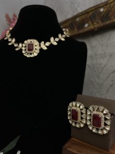 Bridal Maroon Kundan Choker Necklace Set with Studs | Premium Carat Plating C -297 - Image 4
