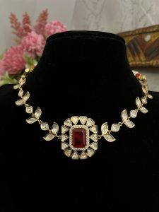 Bridal Maroon Kundan Choker Necklace Set with Studs | Premium Carat Plating C -297 - Image 2