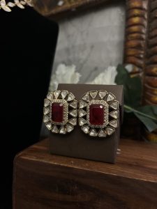 Bridal Maroon Kundan Choker Necklace Set with Studs | Premium Carat Plating C -297 - Image 3