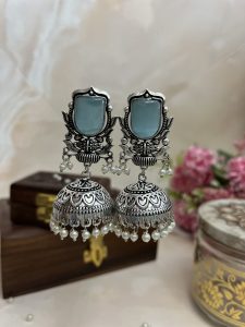 Aqua Blue German Silver Oxidised Earrings | Statement Ethnic Collection C-290 - Image 3