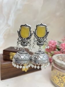 Aqua Blue German Silver Oxidised Earrings | Statement Ethnic Collection C-290 - Image 4