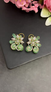 Mint Green Floral CZ Earrings | Gold Plated Statement Party Wear Earrings Code-256 - Image 3