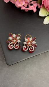 Ruby Red Floral CZ Earrings | Gold Plated Statement Party Wear Earrings Code -255 - Image 3