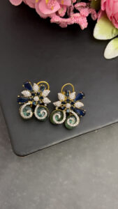 Royal Blue Floral CZ Earrings | Gold Plated Statement Party Wear Earrings Code -254 - Image 2