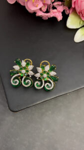 Emerald Green Floral CZ Earrings | Gold Plated Statement Earrings Code-253 - Image 2