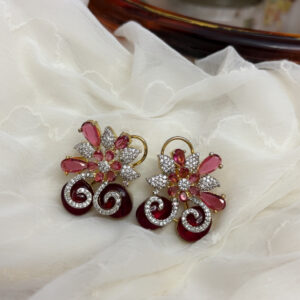 Ruby Red Floral CZ Earrings | Gold Plated Statement Party Wear Earrings Code -255