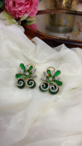 Emerald Green Floral CZ Earrings | Gold Plated Statement Earrings Code-253