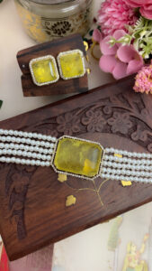 Yellow Stone Pearl Choker Necklace Set | Elegant Wedding Jewellery code 248