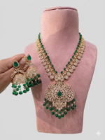 Heena Emerald Real Moissanite polki Bridal set with jhumka long set | C -226 - Image 2