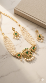 Royal Emerald Pearl Jadau Necklace Set with Green Stones | Premium Bridal & Festive Jewellery Under ₹1000 | C-221 - Image 3