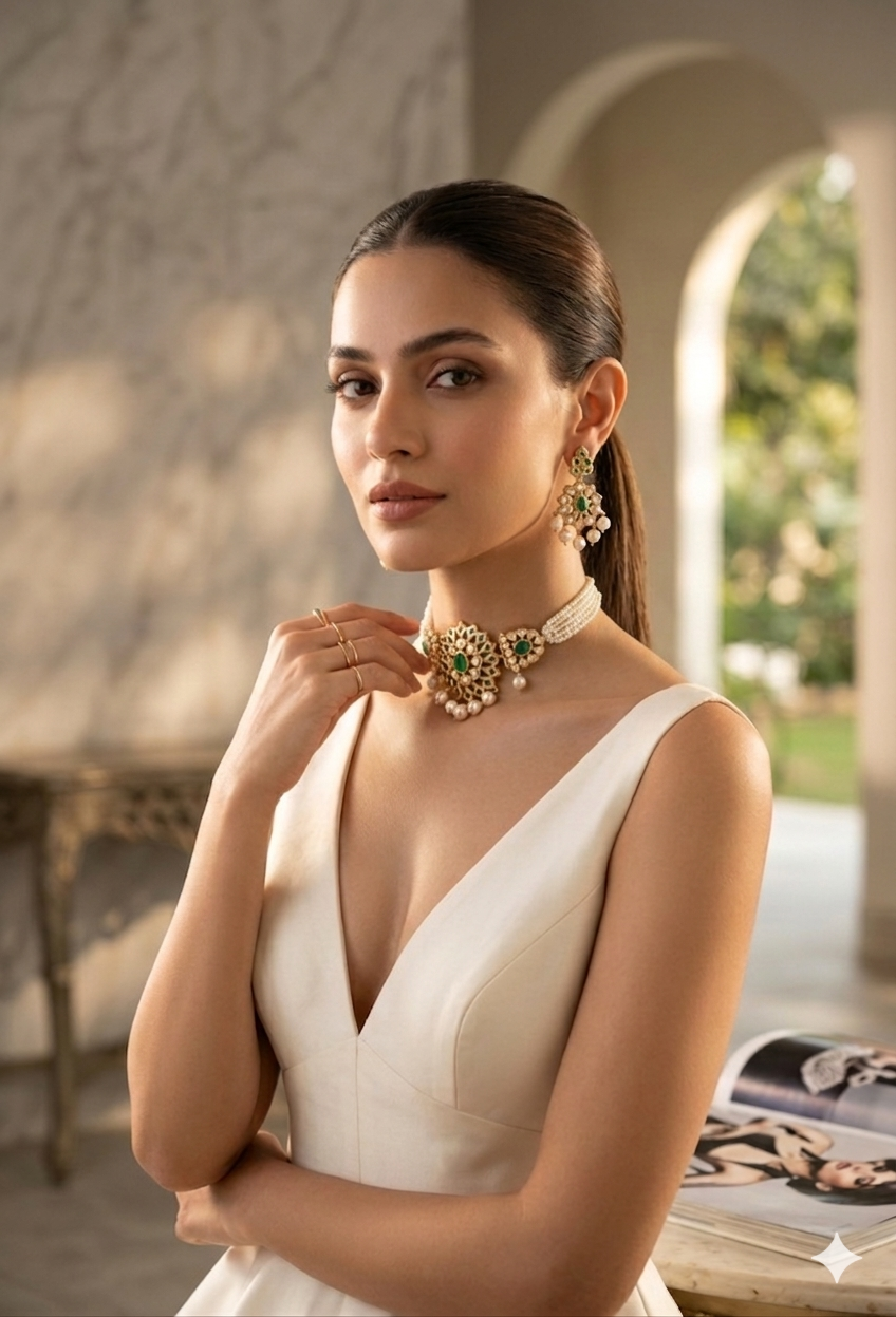 1774776552432 Royal Emerald Pearl Jadau Necklace Set with Green Stones | Premium Bridal & Festive Jewellery Under ₹1000 | C-221 - Image 1