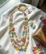 KRITI Multi-Color Navratna Style Kundan & Pearl Layered Necklace Set with Earrings wedding Style | C- 234 - Image 2