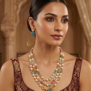 KRITI Multi-Color Navratna Style Kundan & Pearl Layered Necklace Set with Blue Drop Earrings