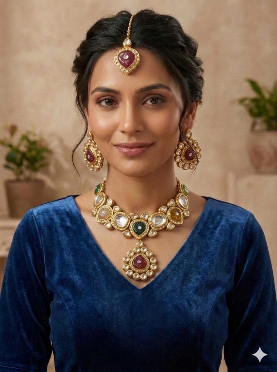 IMG-20260310-WA1042 Multicolour Kundan Necklace with tika Bridal looks Under Budget | C-236 - Image 1