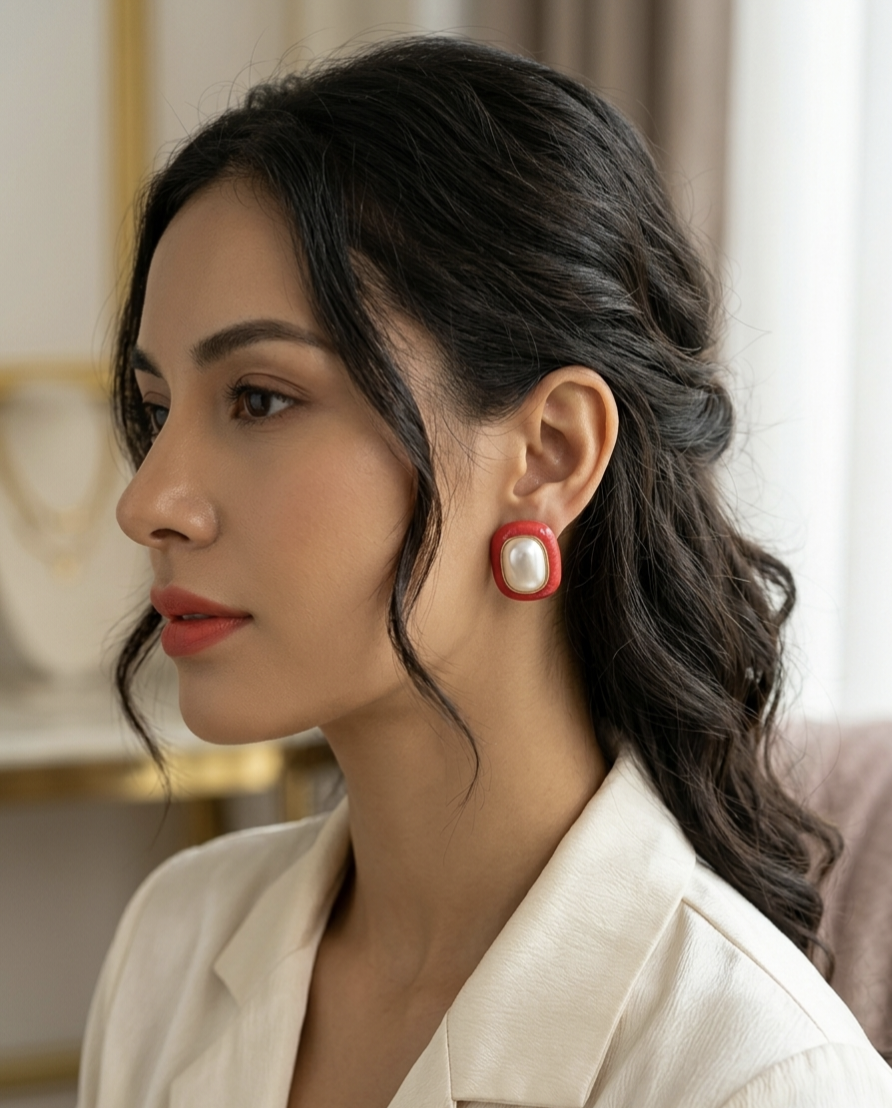 IMG_20260323_164251 Vintage Red Enamel Pearl Stud Earrings | Retro Gold Border Studs | C-224 - Image 1
