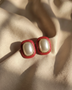 Vintage Red Enamel Pearl Stud Earrings | Retro Gold Border Studs | C-224 - Image 2