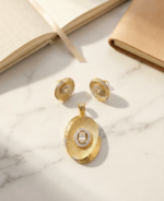 Suneri luxury oval pendant set with earrings | gold finish cz diamond look jewellery | lightweight elegant necklace set for women | C-218