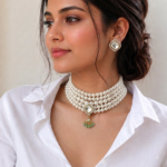 White Pearl Kundan Choker Necklace Set with Green Bead Pendant | C-428
