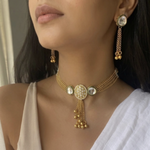 Gold Look Kundan Stone Choker Necklace Set with Jhumki Earrings