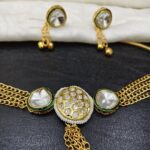 Gold Look Kundan Stone Choker Necklace Set with Jhumki Earrings | C- 424 - Image 4