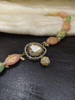 Pastel Pink & Green Beaded Kundan Necklace with Stone Pendant | C - 425 - Image 2